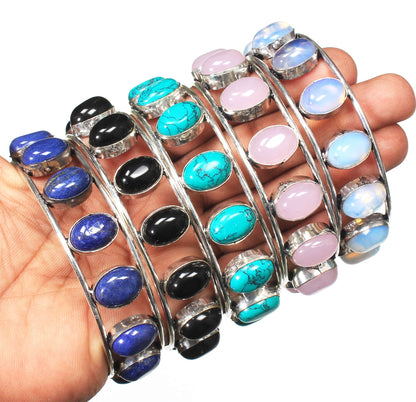 9-Stone Gemstone Cuff Bracelets – Silver-Plated, Handmade, Adjustable | Wholesale