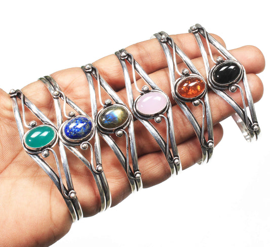 Natural Multi Crystal Handmade Adjustable Cuff Bangles For Women Wholesale Lot Assorted Gemstone Silver Plated Bangle Bracelets