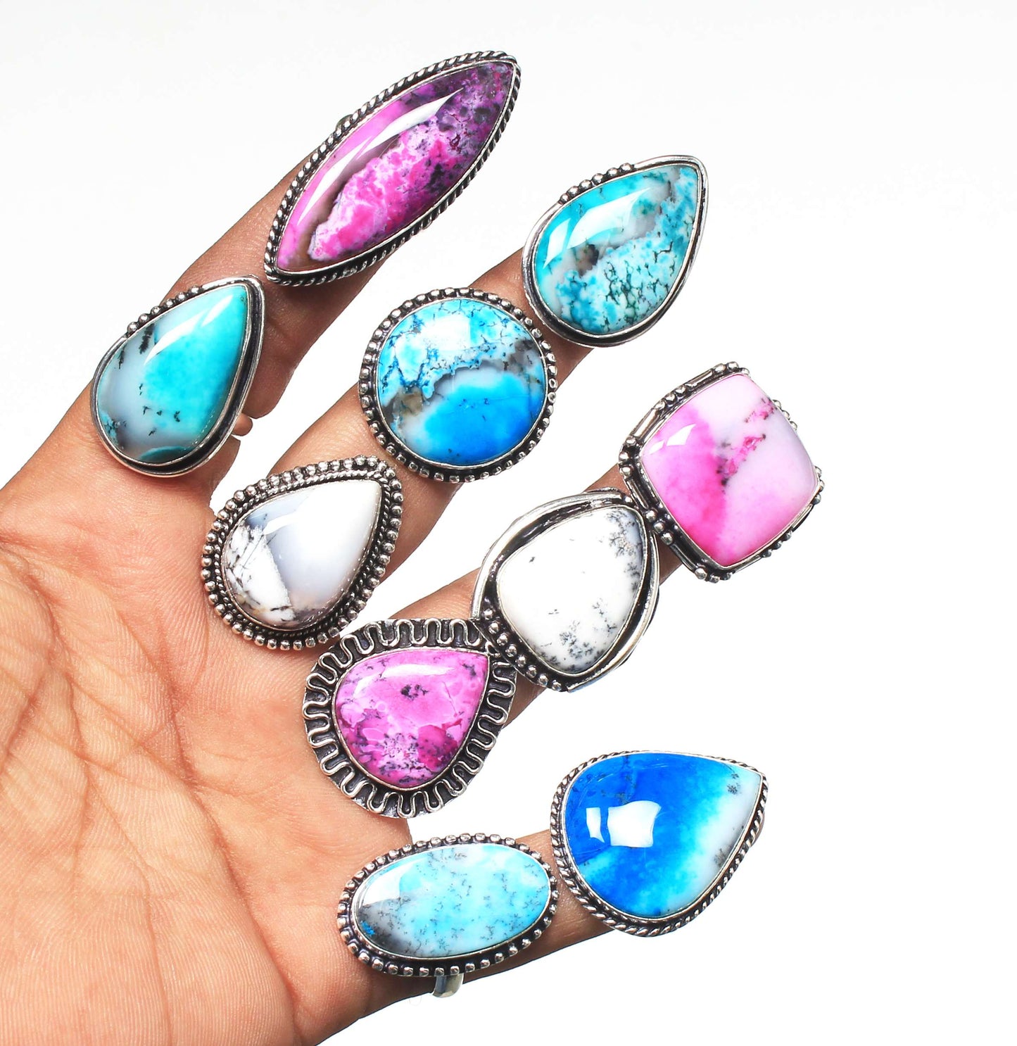 Bagues en pierres précieuses opale dendrite naturelle pour femmes, bagues en cristal d'opale dendrite jaune faites à la main en gros pour la vente en gros