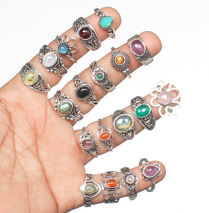Bagues empilables délicates, plaquées argent – ​​Assortiment, style bohème avec cristaux naturels, vente en gros