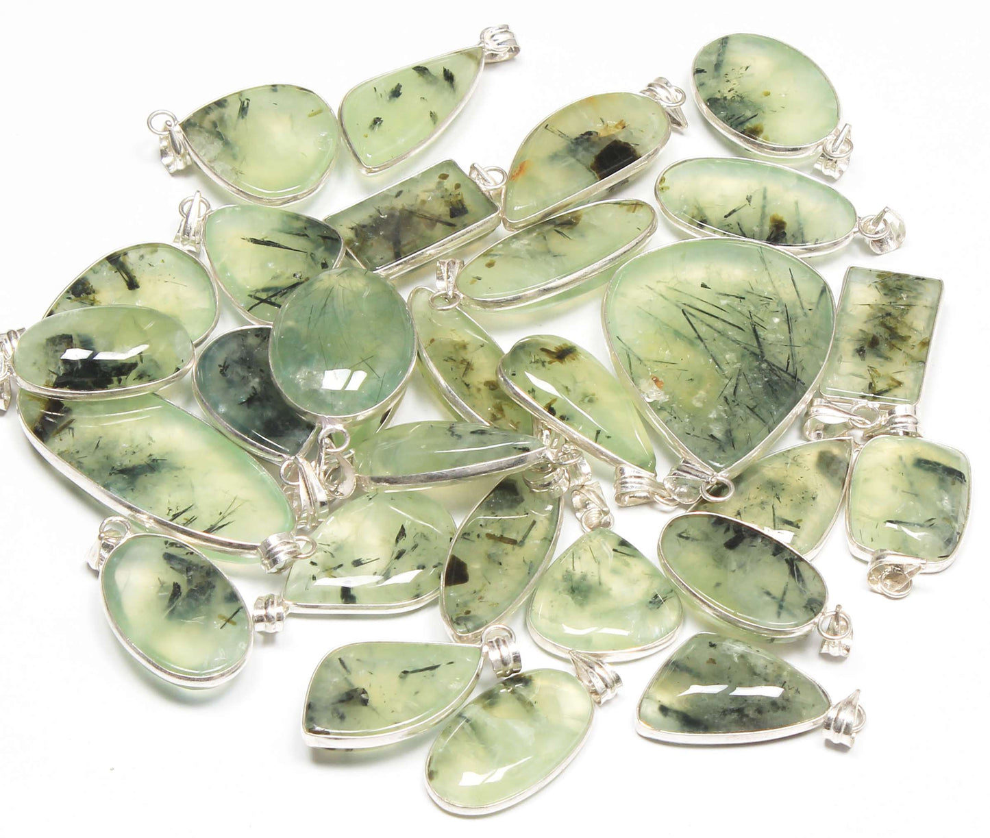 Prehnite Minimalist Pendants -  Handmade, Silver-Plated Brass, Wholesale