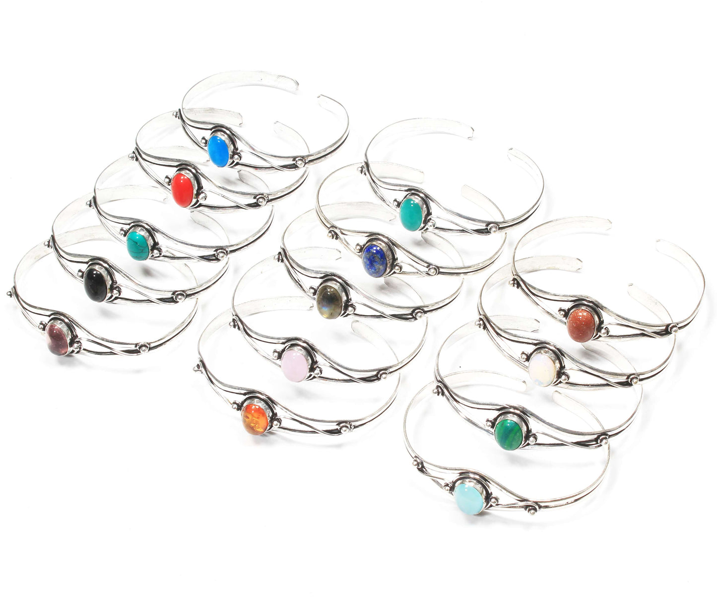Bracelets manchettes réglables faits main en cristaux multiples naturels pour femmes Lot de gros bracelets joncs plaqués argent avec pierres précieuses assorties