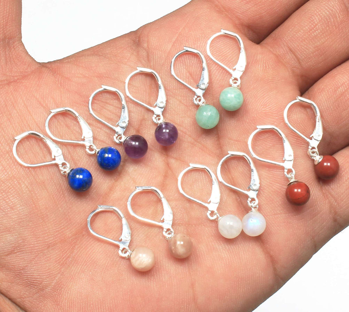 Assorted Gemstone Bead Earrings – Silver-Plated, Handmade, 6mm | Wholesale