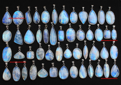 Pendentifs AAA Simple Works en pierre de lune arc-en-ciel - Faits à la main, en laiton plaqué argent, vente en gros