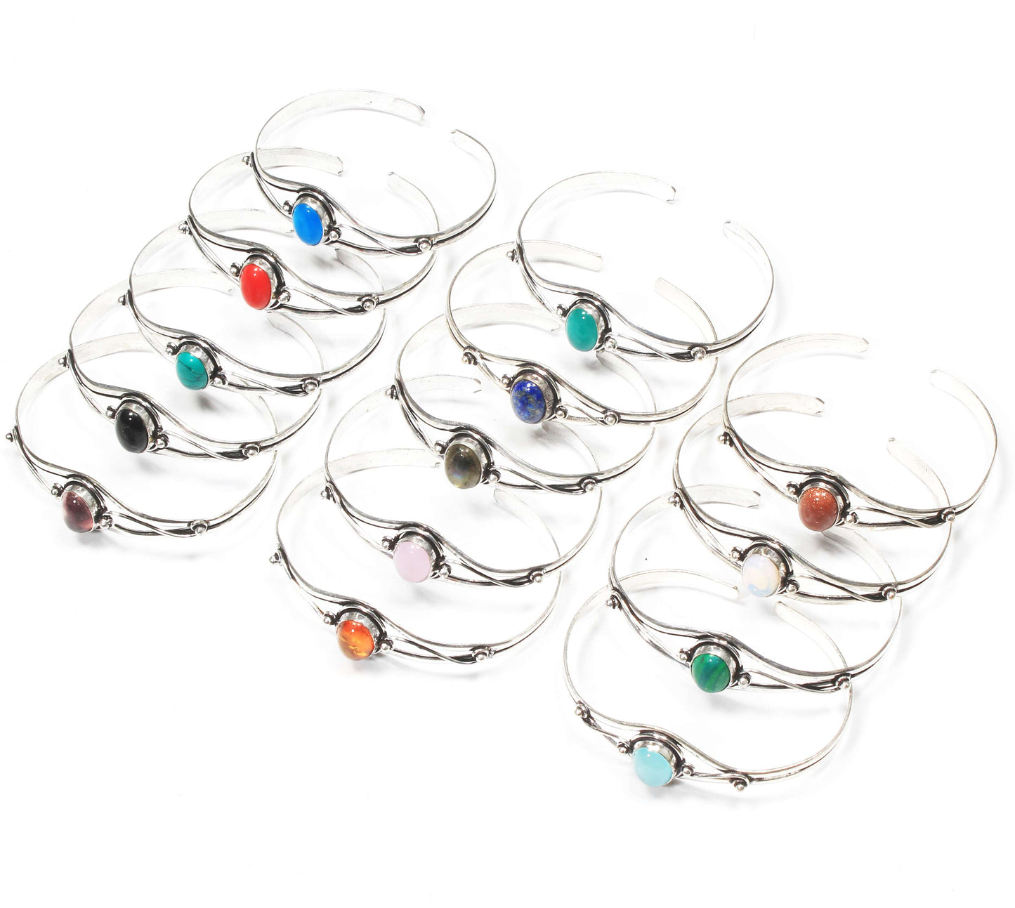 Bracelets manchettes réglables faits main en cristaux multiples naturels pour femmes Lot de gros bracelets joncs plaqués argent avec pierres précieuses assorties